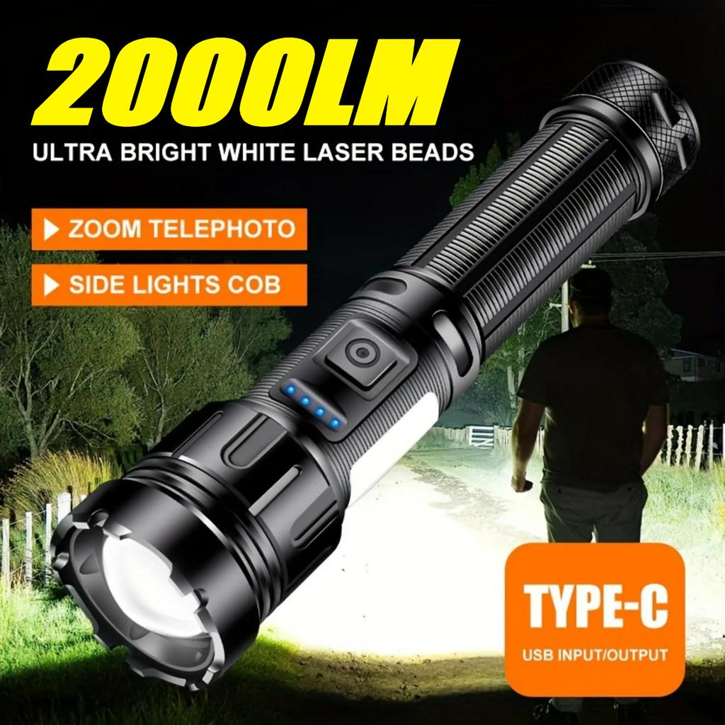 2000LM Powerful Zoom LED Flashlight with COB Side Lights 7 Modes Type-c Rechargeable Torch Lights Outdoor Emergency Lantern
