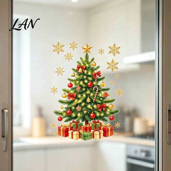 Seasonal Storefront Displays Christmas Window Clings, Cute Santa Claus Snowman Xmas Tree Stickers, Clings Winter PVC Static Glass Decal for