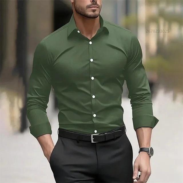 Мужская рубашка Business Casual, с длинным рукавом, однотонная, с отложным воротником, не требующая глажки, большого размера