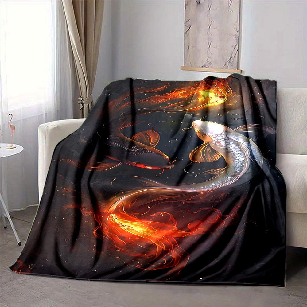 1pc Koi Fish Yin Yang Blanket, Lightweight Flannel Throw For Sofa, Bed, Travel, Camping, Livingroom, Office, Couch, Chair