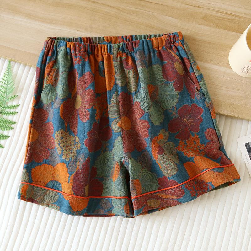 Летние женские шорты 100% хлопок винтажная пряжа ткачество напечатанная пижама тонкие свободные карманы шорты домашние брюки