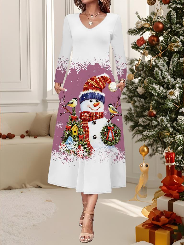 2025 Осень и Зима Новое Женское Повседневное Модное Платье 3D Принт Снеговика Длинный Рукав V-образный Вырез А-силуэт Рождественский Подарок