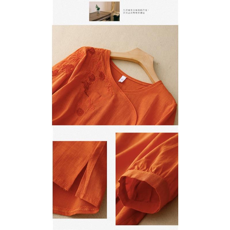 Новый летний стиль 700-й рукав три четверти Вышитая рубашка для женского литературного ретро свободного кроя Вышитый хлопок и лен Топ