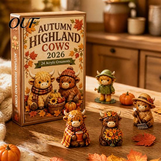 Thanksgiving Ornament Set Christmas Highland Cow Advent Calendar, 24 Cute 3D Collectible Mini Fall Harvest Countdown Calendar Figures, Farmhouse