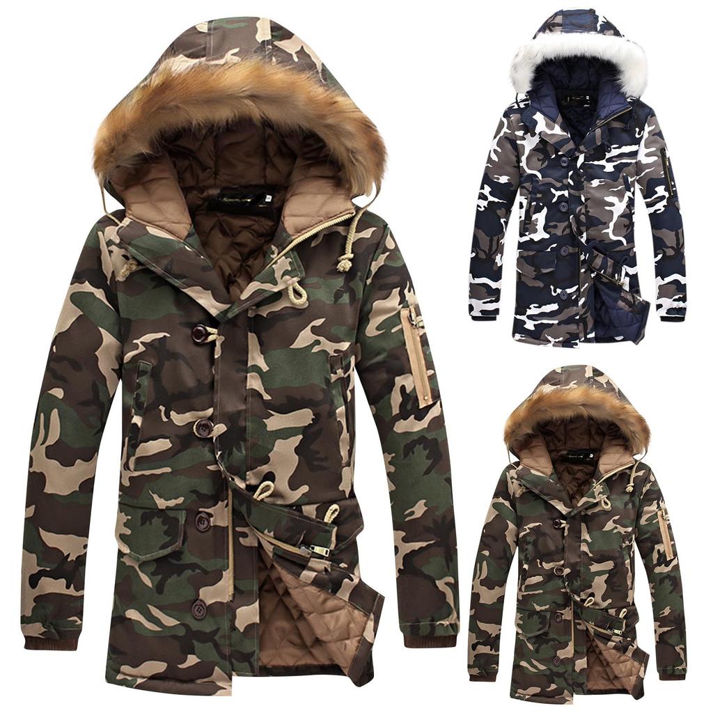 Новое мужское свободное повседневное хлопковое пальто с камуфляжным принтом и утолщенным капюшоном