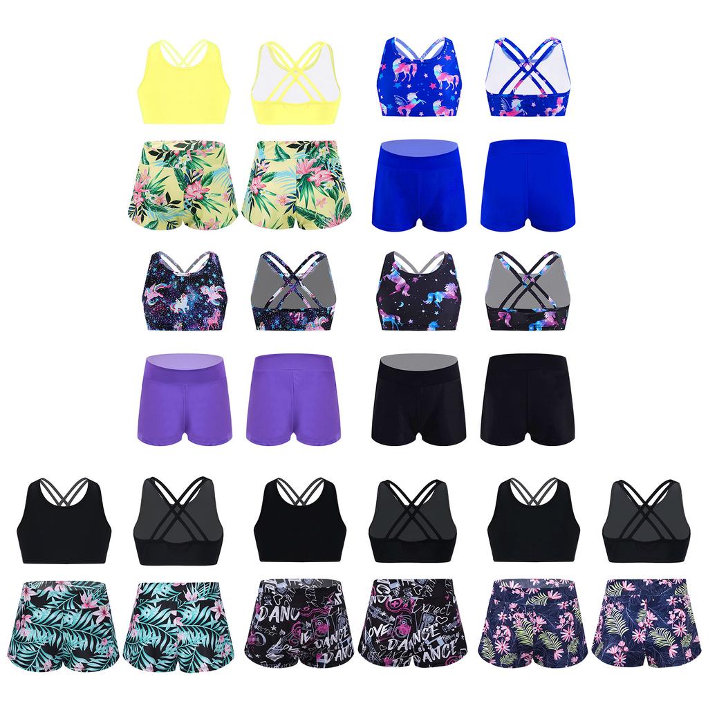 Girls 2 Piece Sport Set U Neck Spaghetti Straps Cropped Top Criss Cross Back Pink Lily Print Shorts Gym Yoga Outfit