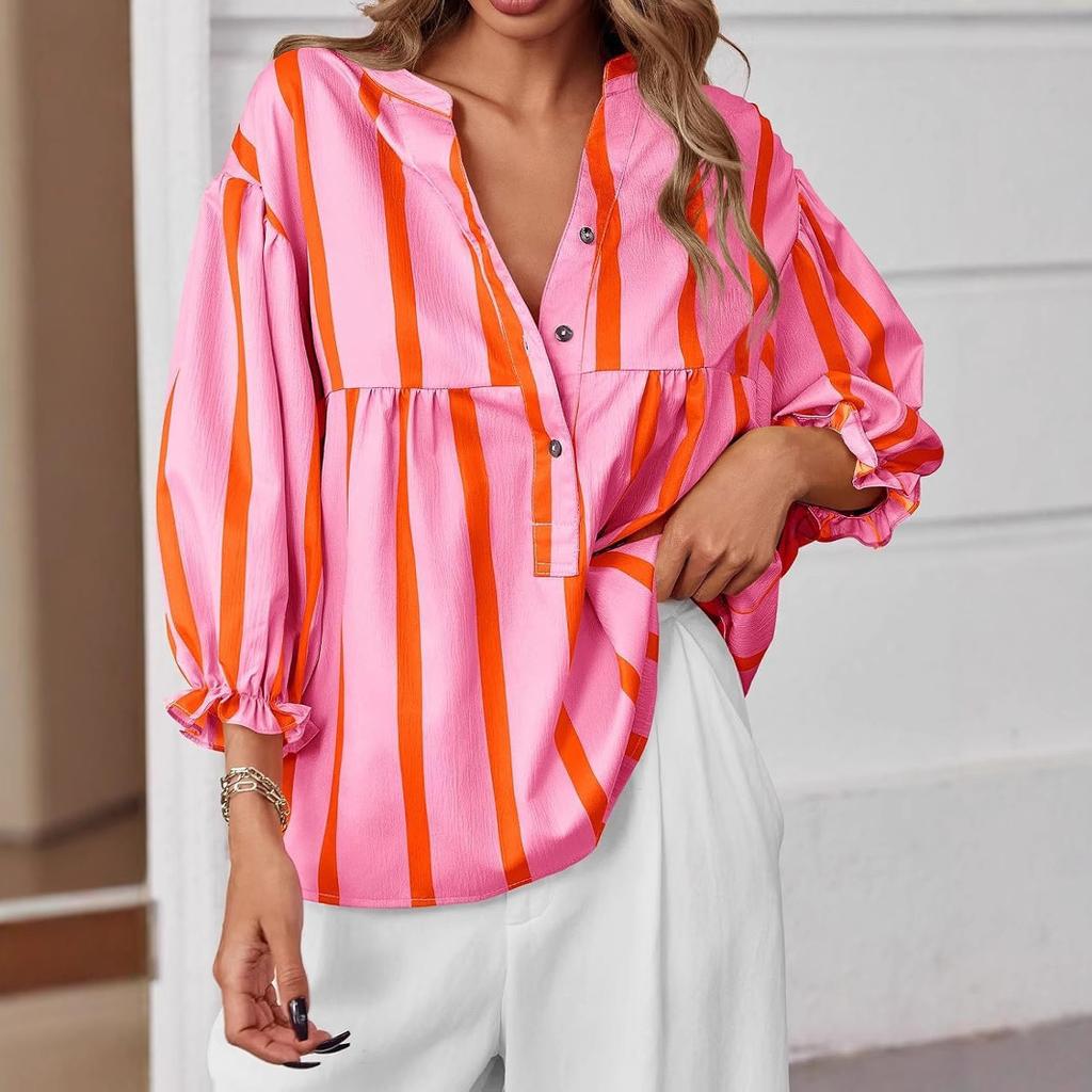 Amazon cross-border Europe, America and 2026 summer and autumn new women's clothing striped shirt bubble sleeves loose top popular women