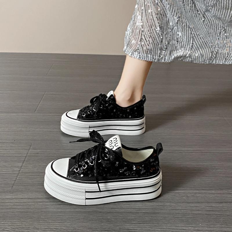 Женские парусиновые туфли Весна и Осень Новые Блестки Толстая Подошва Увеличивающие Рост Вулканизированные Повседневные Беговые Женские Туфли