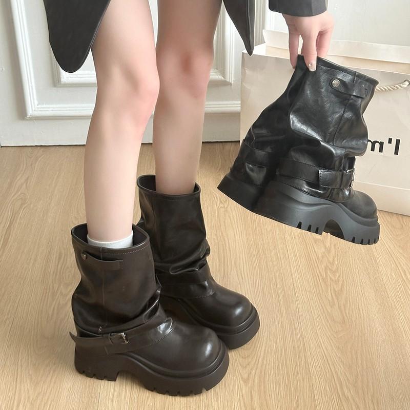 Small Inner Height Increase Martin Boots Women's Pleated Stacking Boots Retro Thick Heel Western Cow Black Versatile Soft Sole