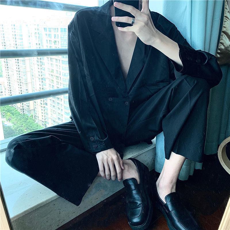 Мужская модная весенняя рубашка в корейском стиле с длинным рукавом и воротником - белая/черная