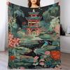GUOYU Blanket Throw Blanket Chinoiserie Charcoal Coral Pagoda Flannel Fleece Throw Blanket Japanese Asian Style Blanket Pagoda and Flower
