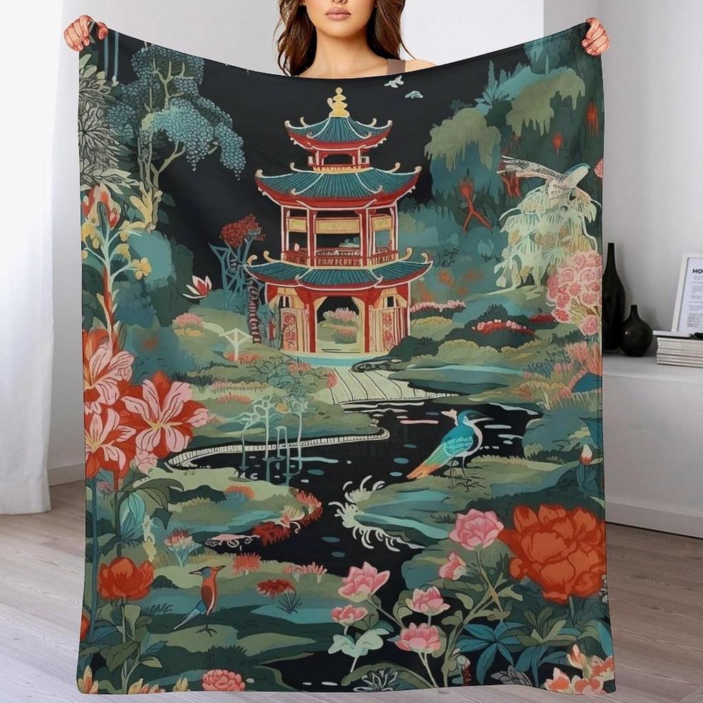GUOYU Blanket Throw Blanket Chinoiserie Charcoal Coral Pagoda Flannel Fleece Throw Blanket Japanese Asian Style Blanket Pagoda and Flower