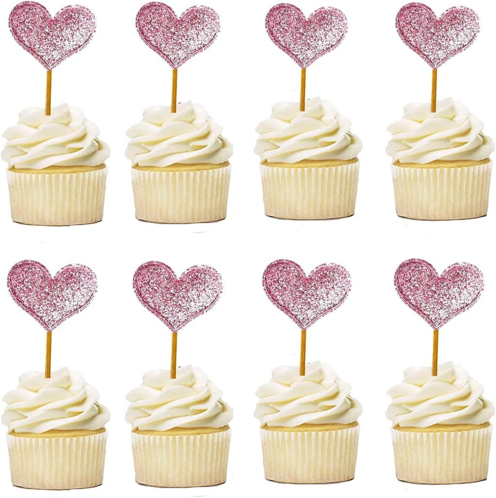 100pcs Glitter Pink Heart Cake Toppers Heart Cupcake Toppers Valentine's Day for Sweet Love Theme Wedding