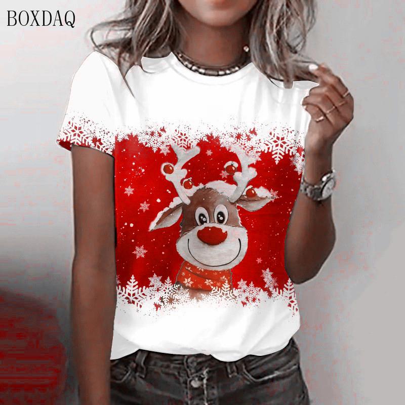 Short Sleeve Christmas Deer Pattern Women Street T-Shirts Oversized O-Neck 3d Printed Christmas Festival Ladies Casual Tops