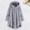 Women Plush Coat Hooded Long Sleeve Side Buttons Hem Single Breasted