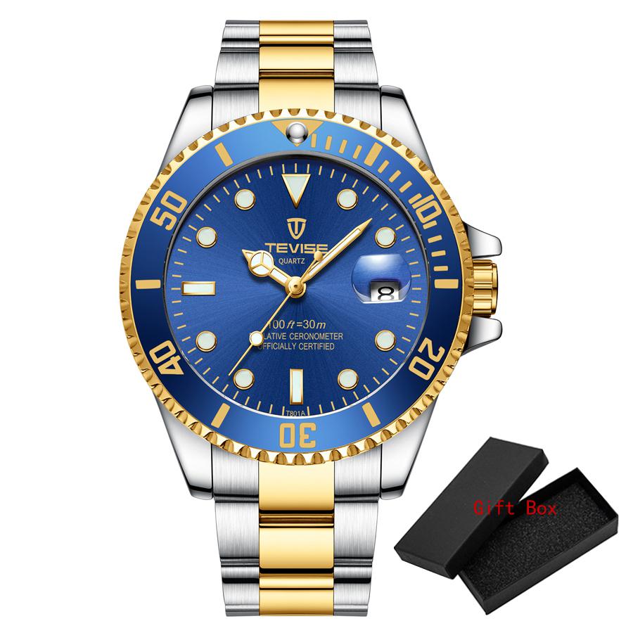 Fashion Tevise Men's Diver Style Quartz Full Stainless Steel Band And Luminous Dial Waterresistant Buseiness Watches