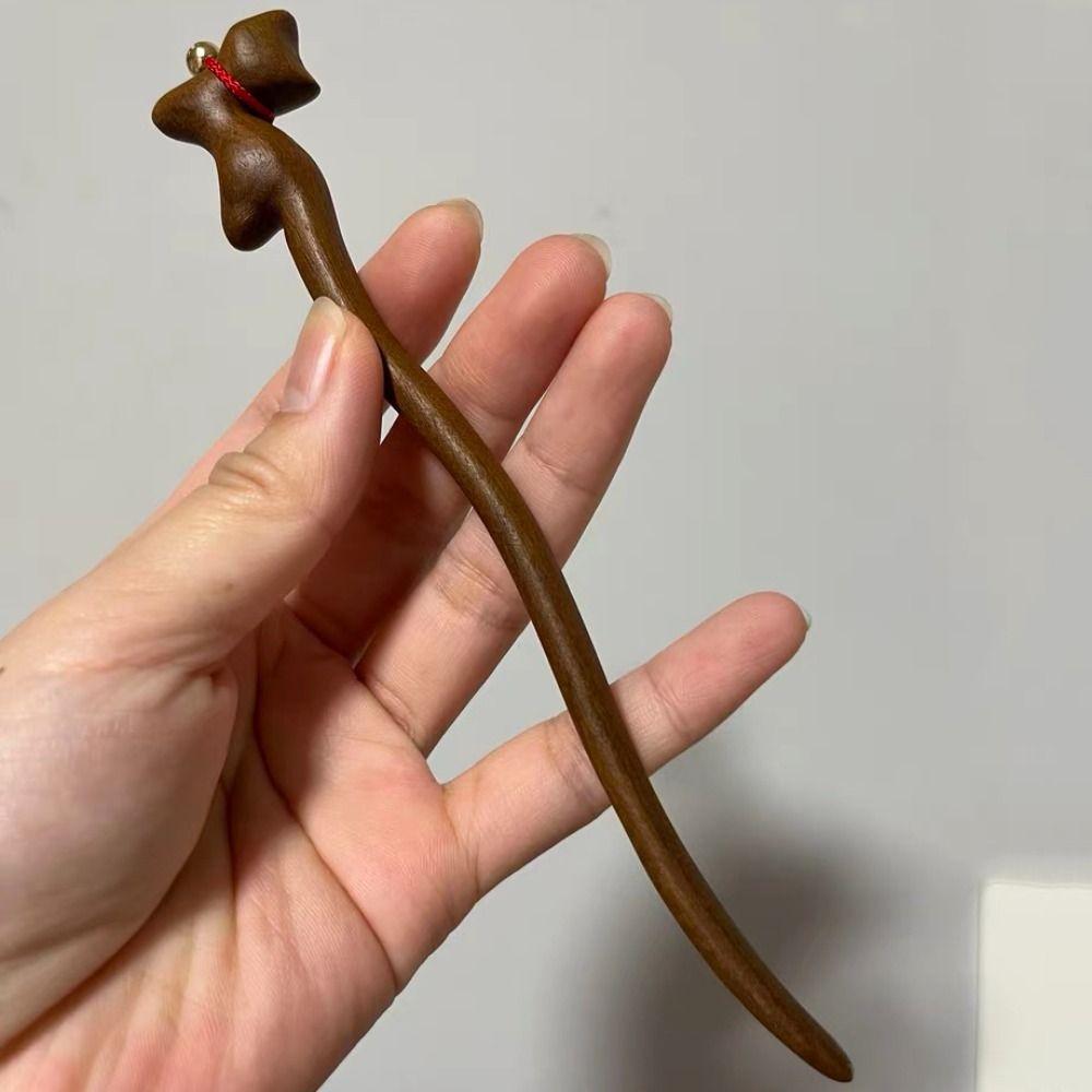 Bell Cat Hair Stick Wooden Cartoon Aniaml Hairpin Elegant Chinese Hanfu Style Hair Clip Hanfu