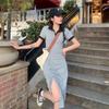 Women's Dress Summer Sexy Slit Waist Slim-fit Bag Hip Midlength Dress