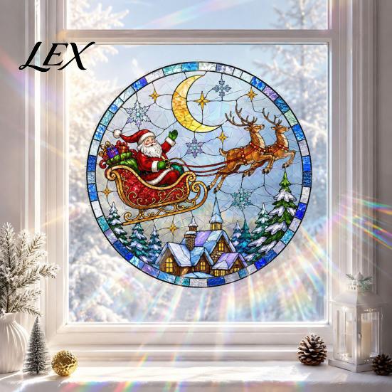 Glue Free Window Sticker Christmas Santa Sleigh Suncatcher Cling, Stained Glass Style Static Removable Film Sticker, Rainbow Xmas Decor for Home Shop