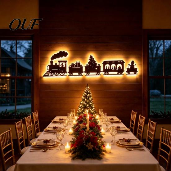 Modern Farmhouse Holiday Light Christmas Train LED Backlit Wall Light, Wooden Xmas Silhouette Decor with Rustic Wood Craft Warm Glow, Sign for