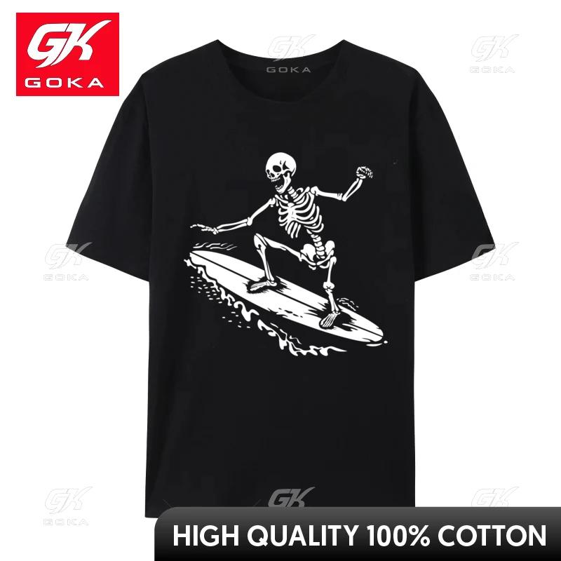 Skeleton Surfer Summer Skeleton Riding Surfboard Brand Unisex Tshirts Crew Neck Cotton Fabric Design Tops Shirts Casual