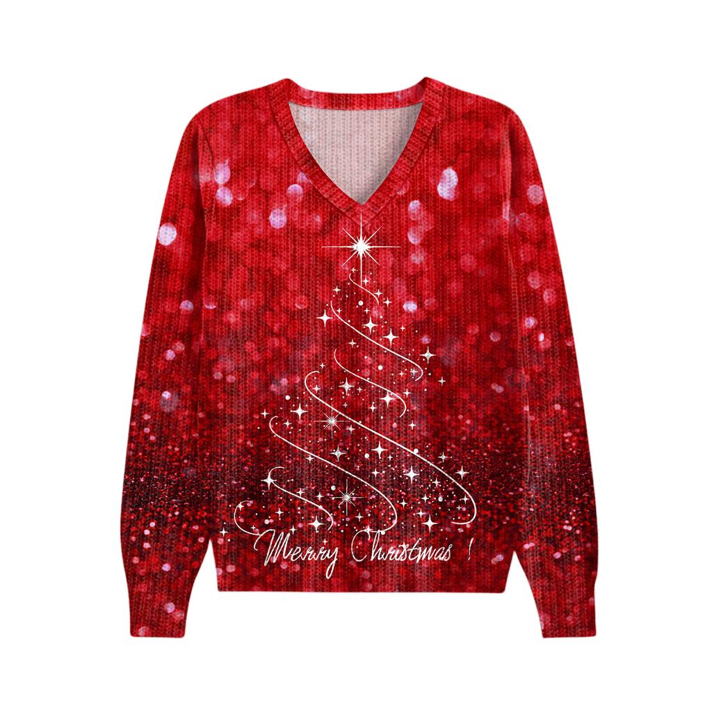Women's Cute Sweatshirt Knitted Fashion Casual V-neck Long-sleeved Cozy Print Top