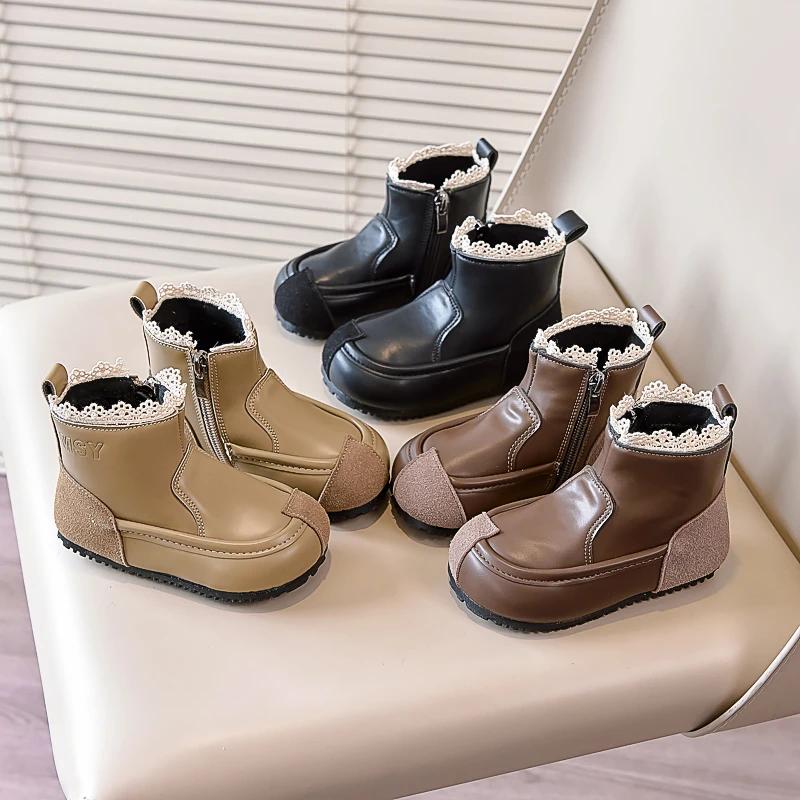 2024 Детские короткие ботинки для девочек осень-зима новые модные корейские стильные милые элегантные кружевные мягкие нескользящие кожаные туфли