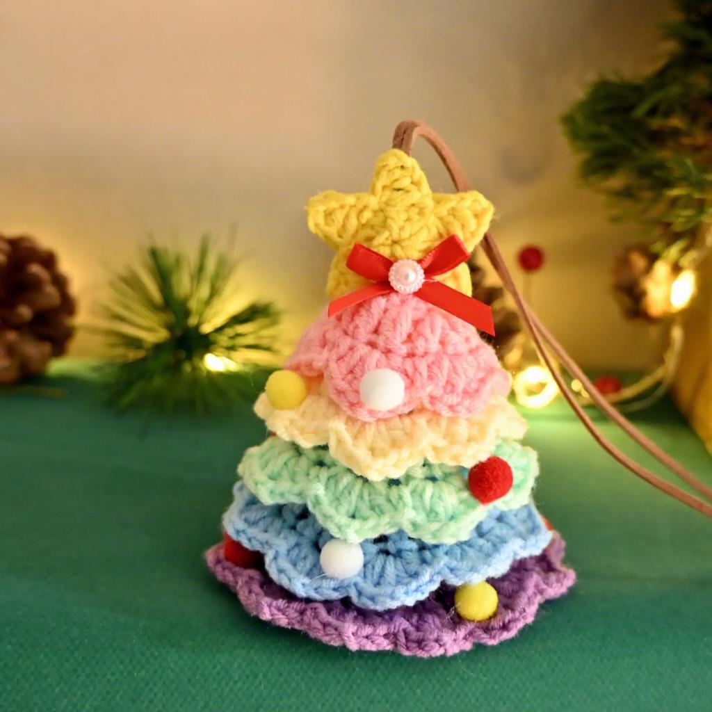 Handmade Crochet Christmas Tree Car Rearview Mirror Hanging Accessories Colorful Knitted Xmas Tree Charm for Car Decor Gift