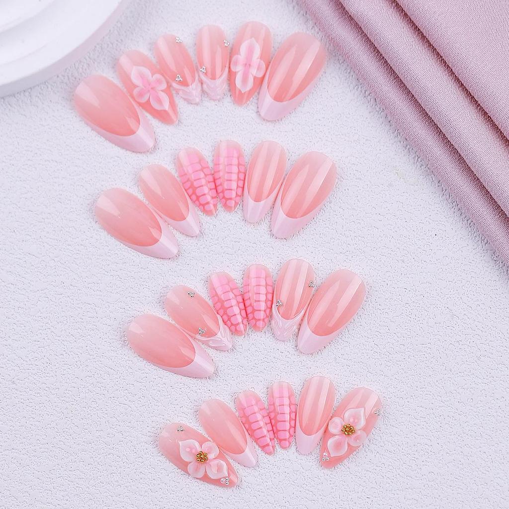Wearable French-Style Embossed Flower Nail Stickers - Classic Girly Design, Removable False Nails