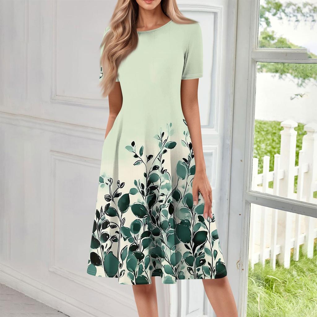 Женское свободное повседневное и модное платье с круглым вырезом и короткими рукавами, средней длины с принтом
