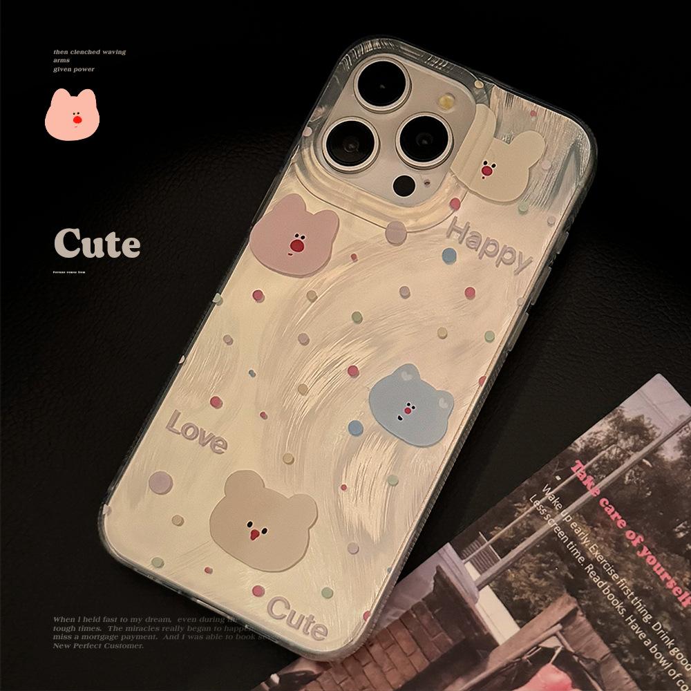 Colorful Bear Head Mobile Phone Case Suitable for Apple 15 Feather Yarn Iphone13 Anti Fall 14 Korean 16 Promax Cartoon