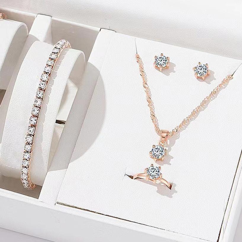 5Pcs Elegant Crystal Zircon Set Zirconia Ring Necklace Bracelet Earrings Simple Set Zircon Fashion Versatile Trendy Zircon