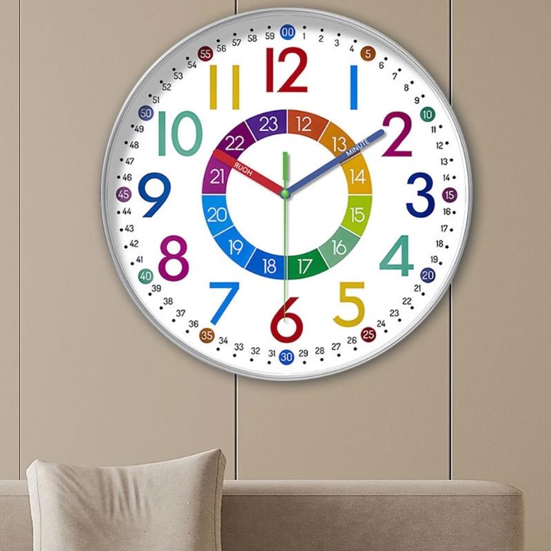 Colorful Kids Teaching Wall Clock Quiet Battery Operated Telling Time Learning Clock for Bedrooms Playrooms Classrooms