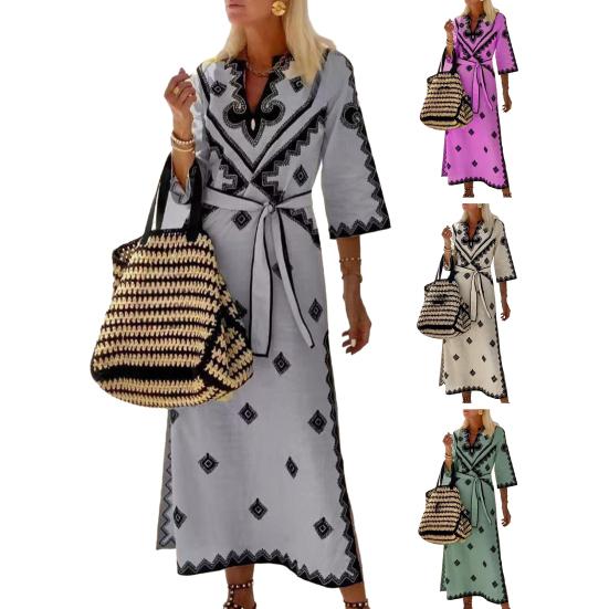 Платье на шнуровке с узкой талией и геометрическим принтом, с V-образным вырезом, рукавом три четверти, в тон, с разрезом подол, в богемном стиле, платье миди для отпуска