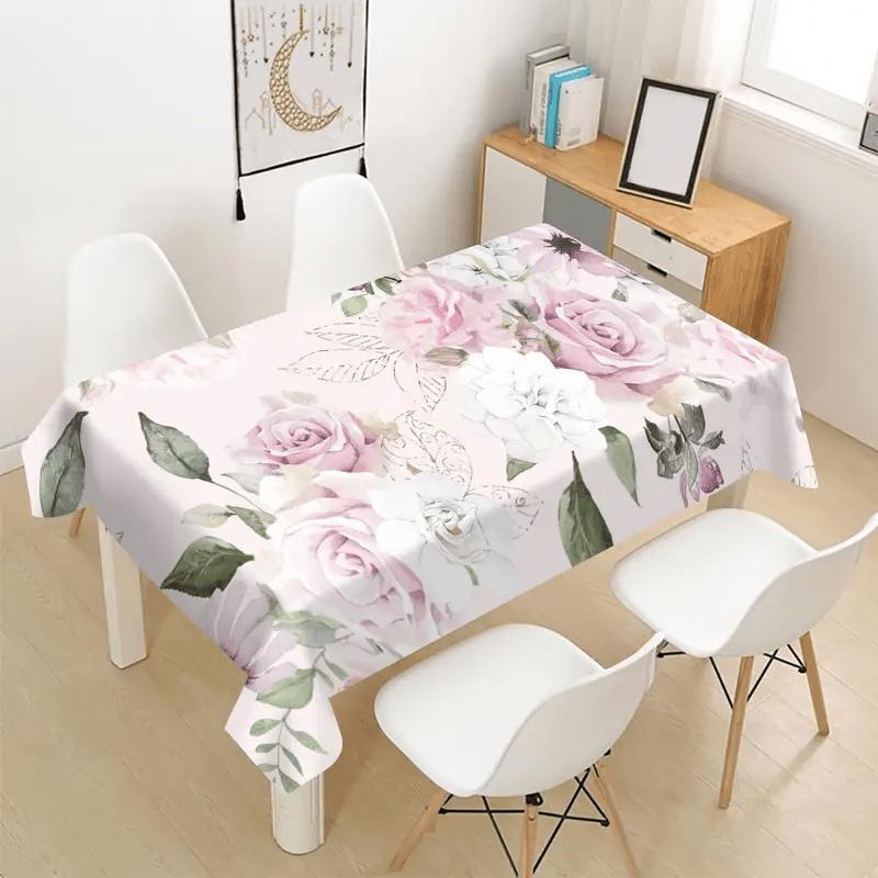 1pc Pink Rose And Green Leaf Design Tablecloth, 152.4*218.44 cm, Made of Polyester, Easy to Clean, Suitable for Home, Restaurants, Cafes, Outdoor Dini