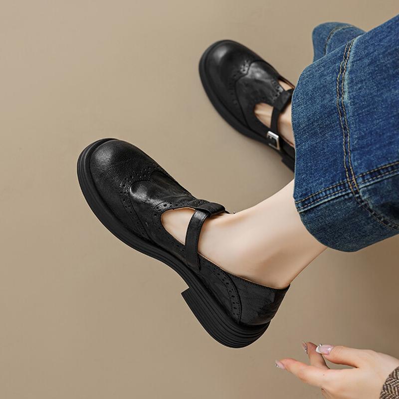 Мода НОВЫЕ Осенне-Весенние Женские Туфли Лодочки Круглый Носок Массивный Каблук Обувь Натуральная Кожа Обувь для Женщин Полые Мэри Джейнс Черные Туфли Ручной Работы