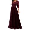 Women V-neck 3/4 Sleeve Gown Dress Crochet Lace Mesh Stitching High Waist A-Line Maxi Dress Backless Solid Color Long Dress