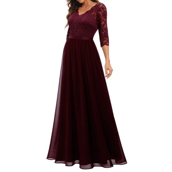 Women V-neck 3/4 Sleeve Gown Dress Crochet Lace Mesh Stitching High Waist A-Line Maxi Dress Backless Solid Color Long Dress