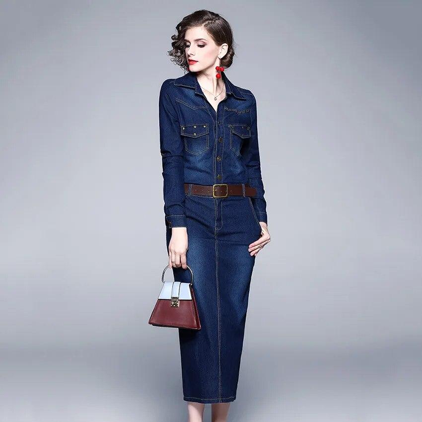 2024 Robe Jeans Dress Women Button Pocket Rivet Vintage Casual Long Denim Dresses Ladies Slim Bodycon Dress Robe Femme