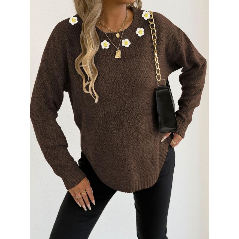 Women S Casual Hand Crochet Patchwork Round Neck Long Sleeve Pullover Sweater
