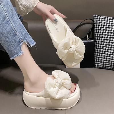 Кавайные сандалии на платформе Женские летние туфли на толстой подошве 7 см Клиновидные каблуки Повседневные сандалии Удобные черные шлепанцы с бантом