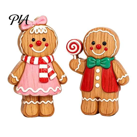 Christmas Party Supplies Cartoon Gingerbread Wooden Ornament, Double-sided Printed Desktop Tabletop Figurines, Character Figures Decorative Craft for