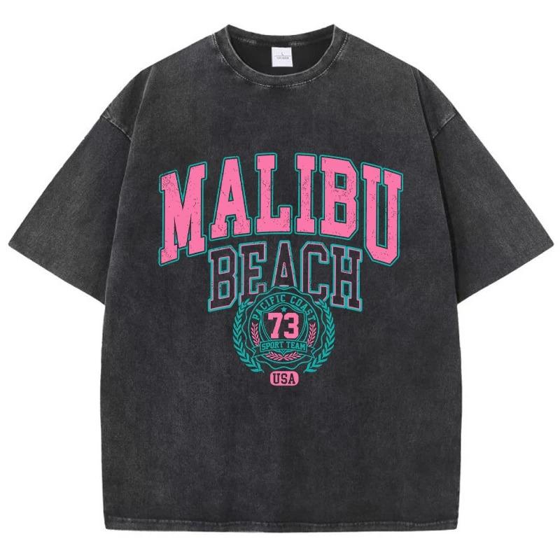 Женская футболка Malibu Beach Washed с принтом букв, хлопковая футболка, удобные топы с круглым вырезом, повседневные оверсайз футболки, женская одежда