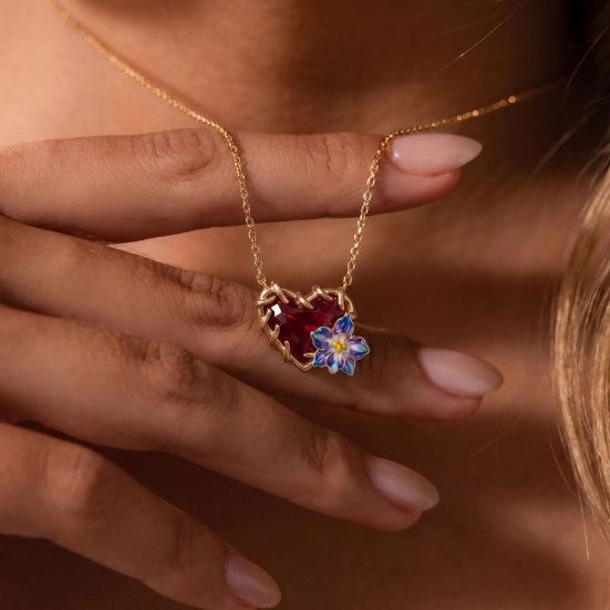Birthstone Heart Necklace Birth Stone and Flower Pendant Necklace Jan to Dec