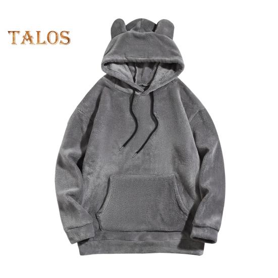 Зимняя мужская толстовка с капюшоном с декором в виде мультяшных ушей, двусторонний бархат с большим передним карманом, свободный длинный рукав, термотоп с эластичными манжетами, повседневная, на каждый день