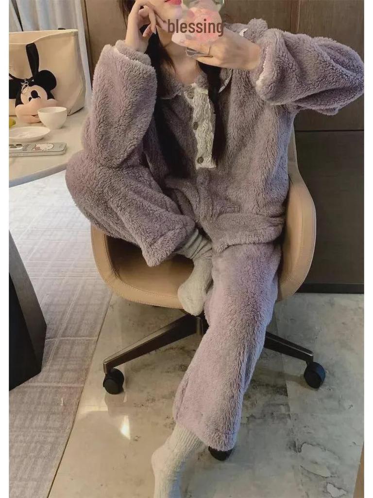 Korean Style Women's Coral Fleece Pajamas - Thick Velvet Flannel Home Suit
