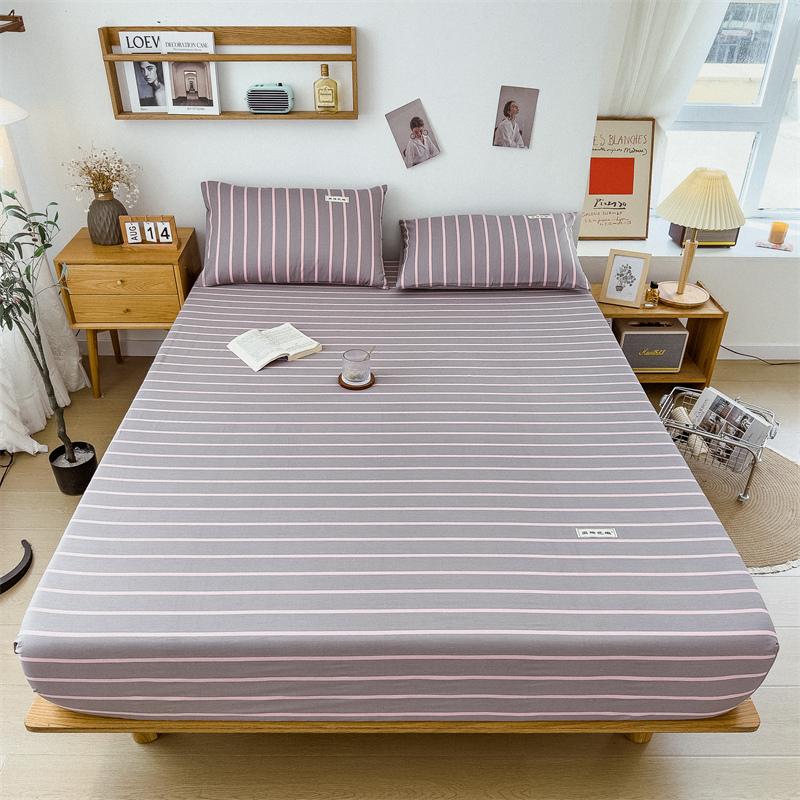 3Pcs Simple Lines Fitted Sheet Set Pure Cotton Bedding Set Soft Home Mattress Protector Cover with Pillowcases Bedroom Decor