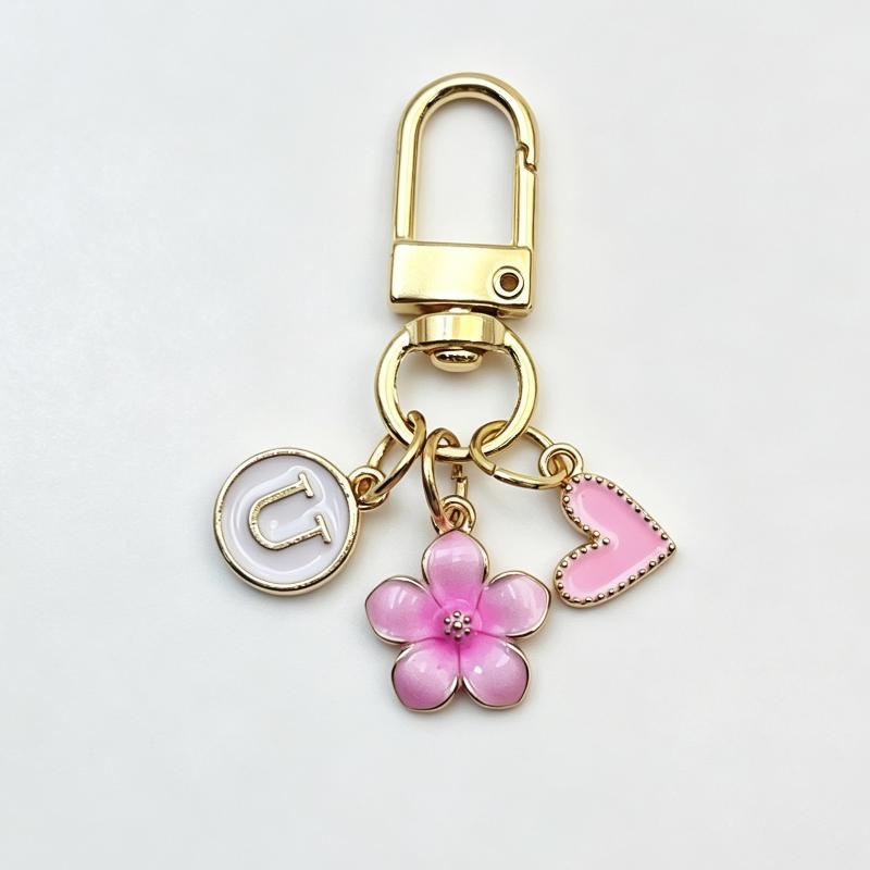 A-Z Letter Charm Enamel Keychain Pink Cherry Blossom Heart Design Key Ring for Graduation Souvenir Gift