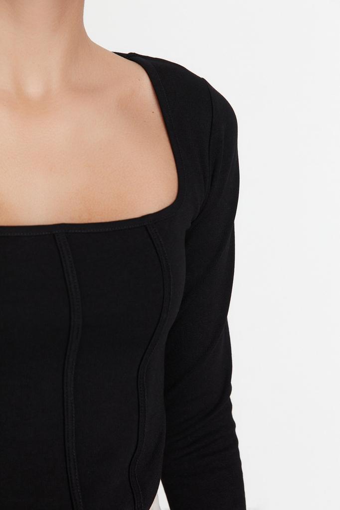 Женская модная новая блузка с каменной окантовкой и детальным квадратным воротником, укороченная трикотажная блузка с интерлоком