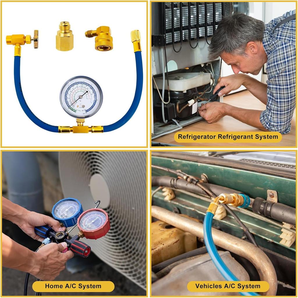 Belleone R134A Refrigerant Recharge Kit, AC Recharge Hose Kit With Gauge, R134A Freon Can Tap Recharging Hose With Detachable R134A Quick Coupler For